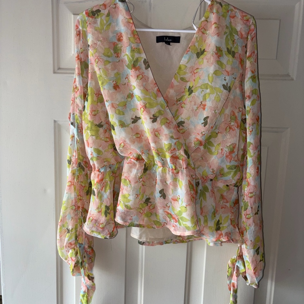 Lulu's Floral Wrap Blouse - Pink and Green